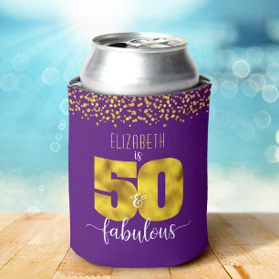 Purple 50 and fabulous birthday gold dots bold can cooler