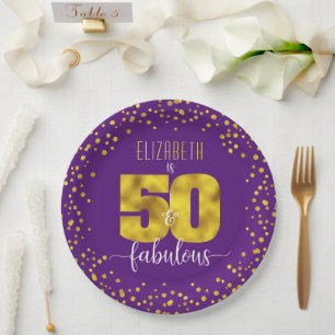 Purple 50 and fabulous birthday gold foil confetti paper plate