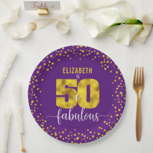 Purple 50 and fabulous birthday gold glam dots paper plate