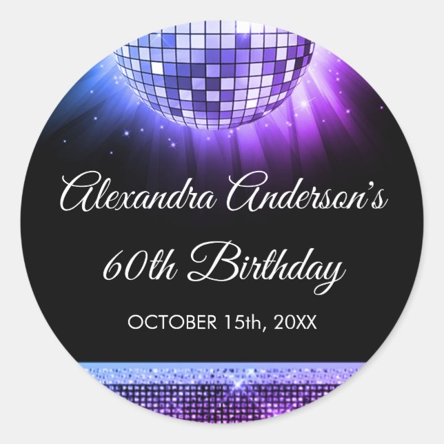 Purple 60th Birthday Party 70's Disco Ball Classic Round Sticker (Front)