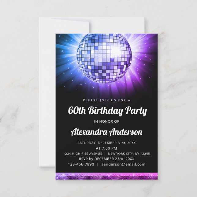 Purple 60th Birthday Party 70's Disco Ball Invitation (Front)