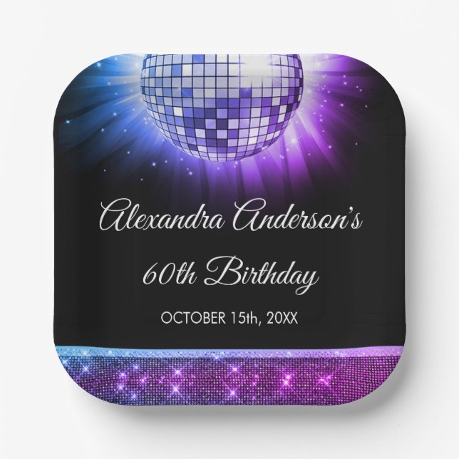 Purple 60th Birthday Party 70's Disco Ball Paper Plate (Front)