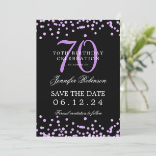 Purple 70th Birthday Save Date Confetti Black  Invitation