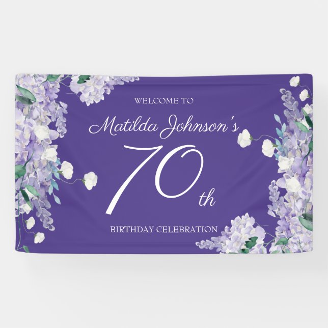 Purple 70th Birthday Wisteria Floral Elegant Party Banner (Horizontal)
