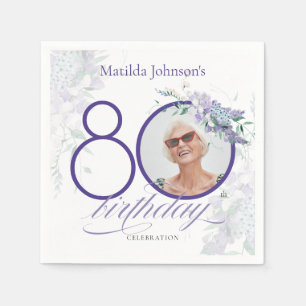 Purple 80th Birthday Floral Wisteria Custom Photo Napkin