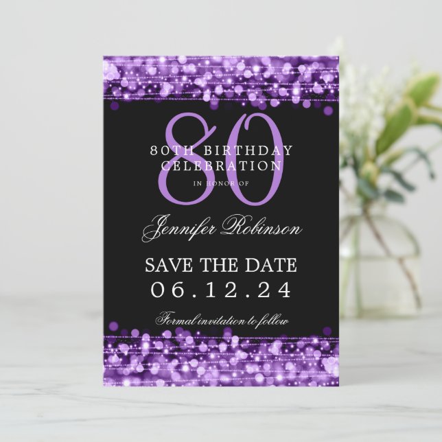 Purple 80th Birthday Save the Date  Invitation (Standing Front)