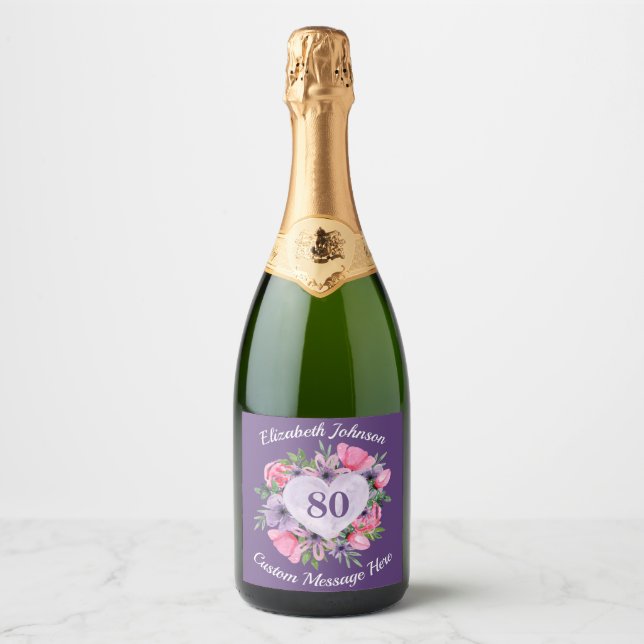 Purple 80th Birthday Sparkling Wine Bottle Label (Front)