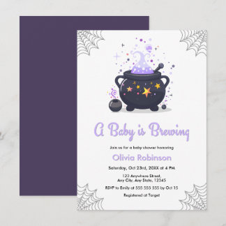 Purple A Baby is Brewing Halloween Baby Shower Invitation