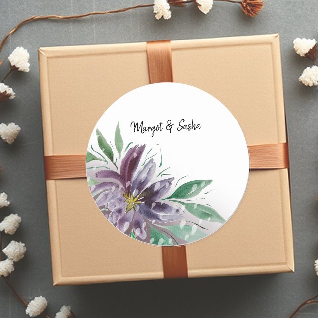 Purple Abstract Boho Lotus Watercolor Classic Round Sticker (Creator Uploaded)