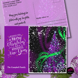 Purple Abstract Christmas Tree with Green Ribbon Holiday Postcard