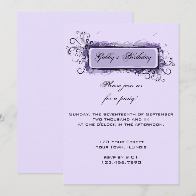 Purple Abstract Floral Birthday Party Invitation (Front/Back)