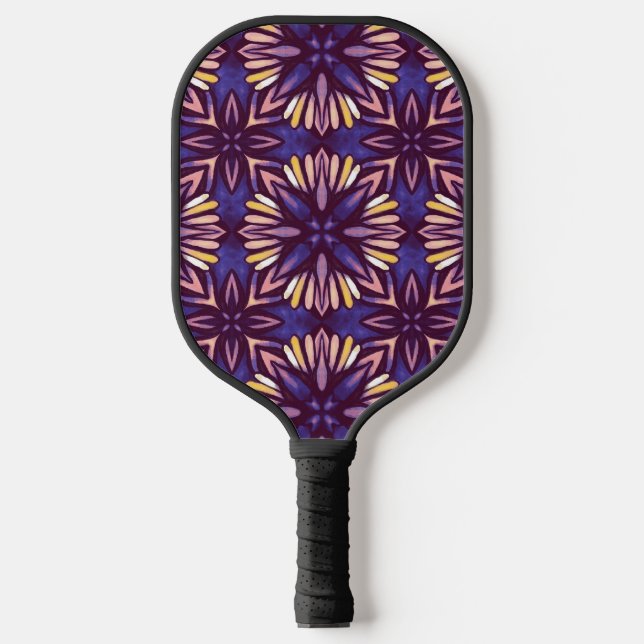 Purple Abstract Floral Pattern Yellow Indigo Boho Pickleball Paddle (Front)