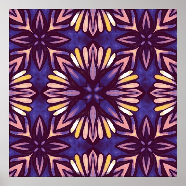 Purple Abstract Floral Pattern Yellow Indigo Boho Poster (Front)