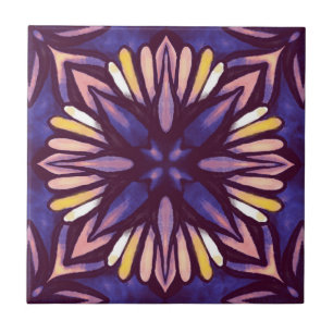 Purple Abstract Floral Pattern Yellow Indigo Boho Tile