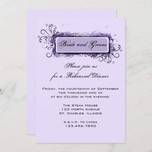 Purple Abstract Floral Rehearsal Dinner Invitation (Front/Back)