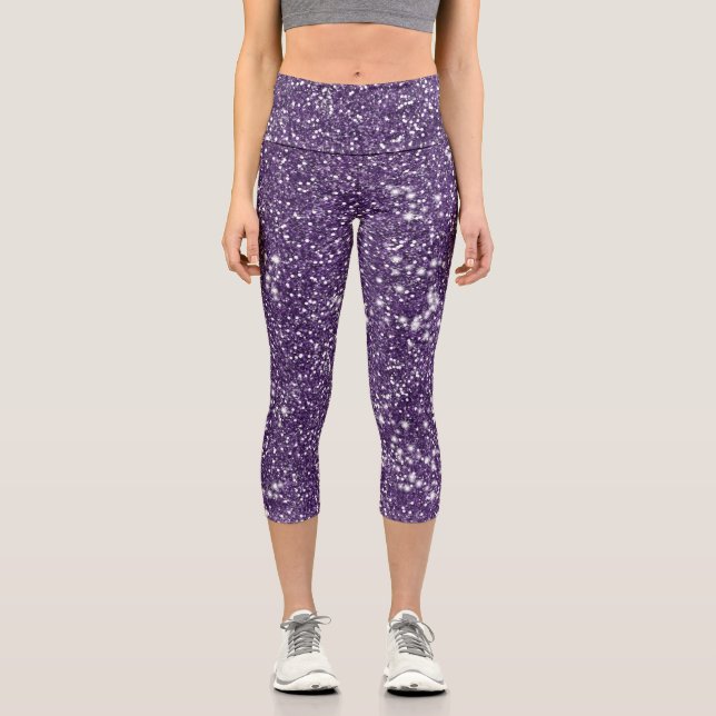 Purple Abstract Printed Glitter Texture Look Capri Leggings (Front)