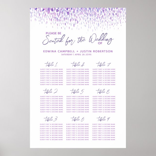 Purple abstract watercolor art wedding table plan poster (Front)
