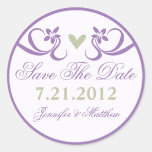 Purple Accent Green Heart Save The Date Stickers