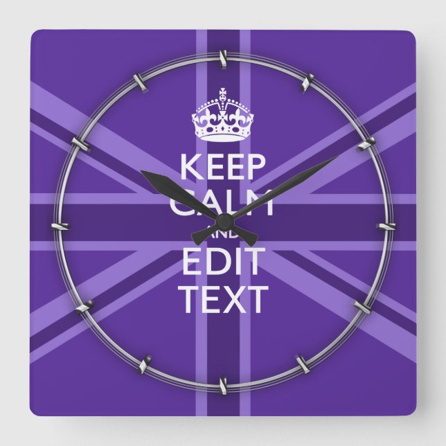Purple Accent Keep Calm And Your Text Union Jack Square Wall Clock (Front)