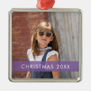 Purple Accent Ribbon Photo Template Christmas Meta Metal Ornament
