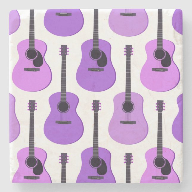 Purple Acoustic Guitars Pattern Stone Coaster (Front)