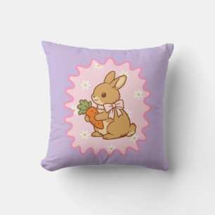 Purple Adorable Bunny Carrot & Daisy  Throw Pillow