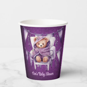 Purple Adorable Teddy Bear Girl Baby Shower Paper Cups