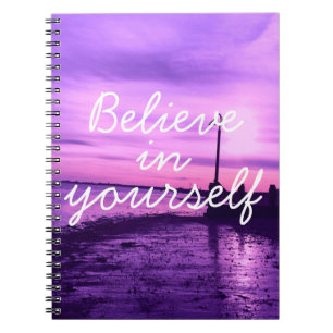 Purple Aesthetic Sunset Beach Believe in Yourself Notebook