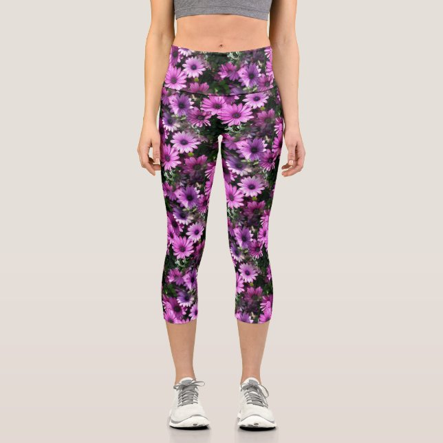 Purple African Daisy Flowers Nature Pattern     Capri Leggings (Front)