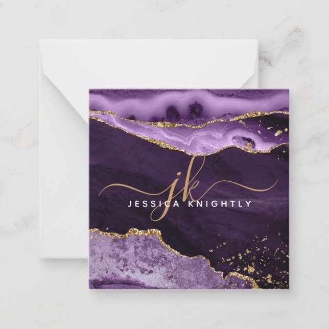 Purple Agate Geode Gold Glitter Script Monogram Card (Front)