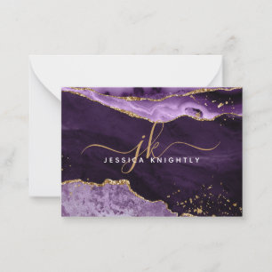 Purple Agate Geode Gold Glitter Script Monogram Card