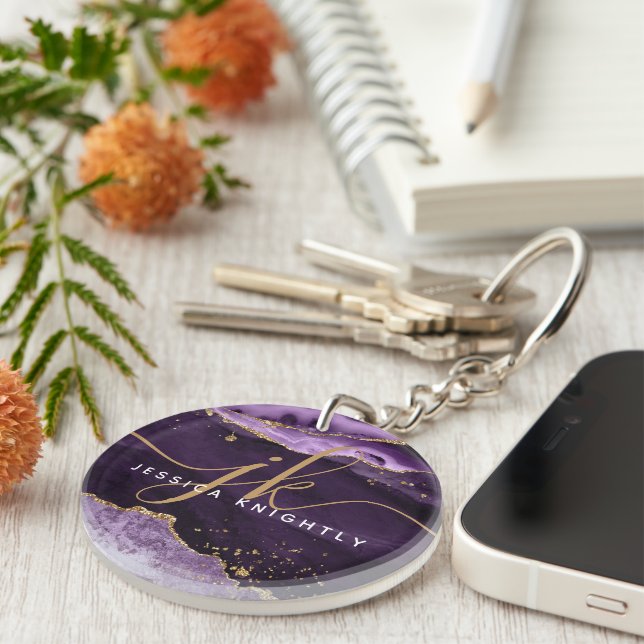 Purple Agate Geode Gold Glitter Script Monogram Keychain (Front Right)