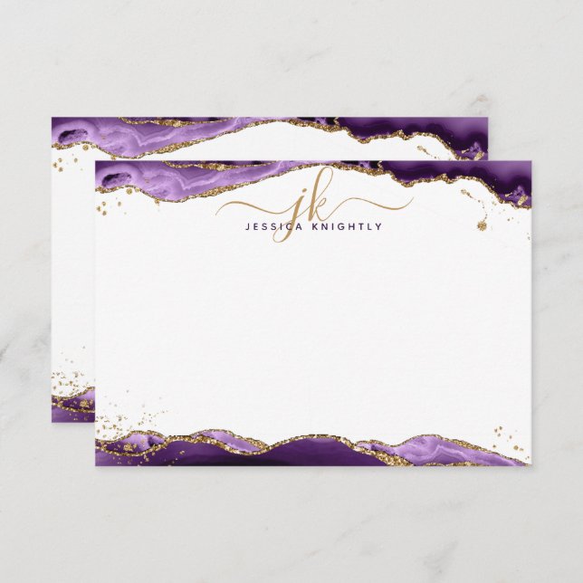 Purple Agate Geode Script Monogram Gold Glitter Card (Front/Back)