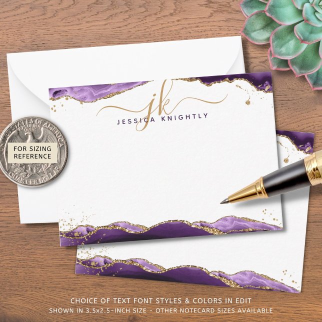 Purple Agate Geode Script Monogram Gold Glitter Card (Creator Uploaded)