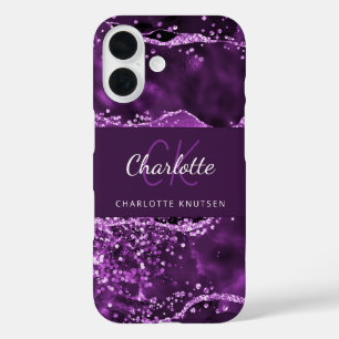 Purple agate glitter pink marble monogram name iPhone 16 case
