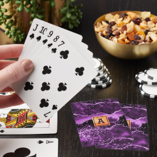 Purple agate glitter pink marble name gold playing cards