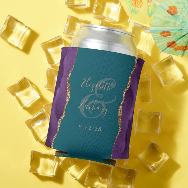 Purple Agate Gold Faux Glitter Teal Wedding Can Cooler (In Situ Summer)