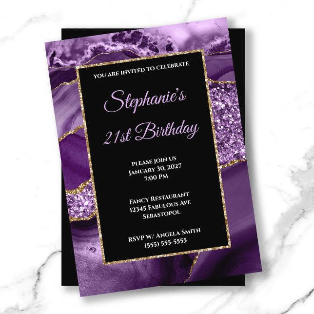 Purple Agate Gold Glitter Glam 21st Birthday Invitation (Purple Agate Gold Glitter Glam 21st Birthday Invitation)