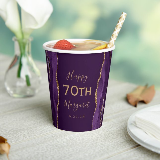 Purple Agate Gold Glitter Plum 70th Birthday Paper Cups (Insitu)