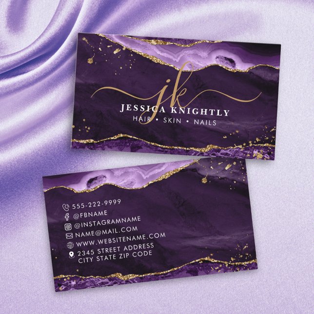 Purple Agate Gold Glitter Script Monogram Business Card (Creator Uploaded)