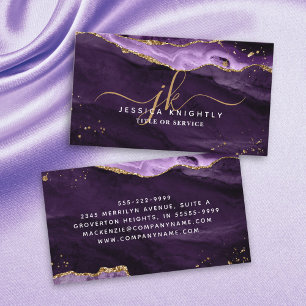 Purple Agate Gold Glitter Script Monogram Business Card