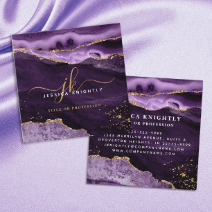 Purple Agate Gold Glitter Script Monogram Square Business Card