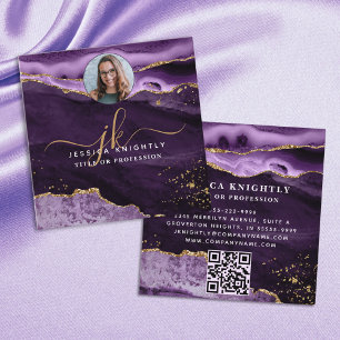 Purple Agate Gold Glitter Script Photo QR Square Business Card