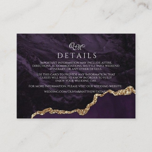 Purple Agate & Gold Mariage Script Détails Cartes (Devant)