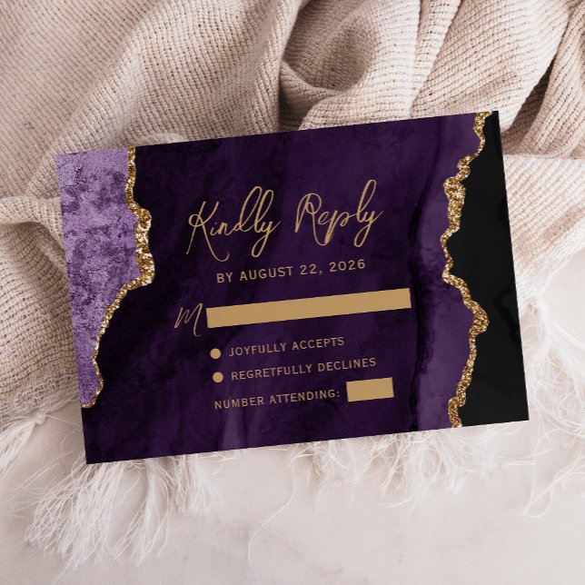 Purple Agate Gold Script Wedding RSVP Card (Creator Uploaded)