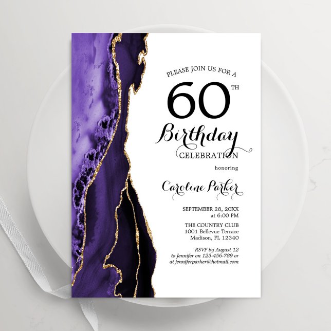 Purple Agate Gold White 60th Birthday Invitation (Creator Uploaded)