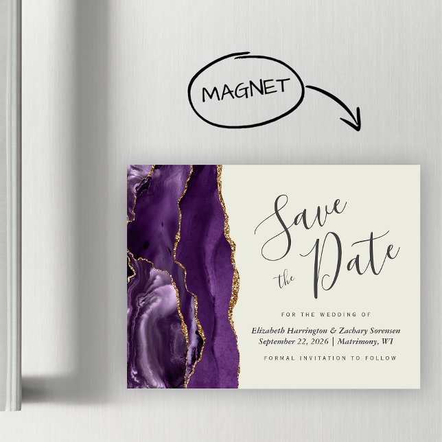 Purple Agate Ivory Wedding Magnetic Save the Date (Creator Uploaded)