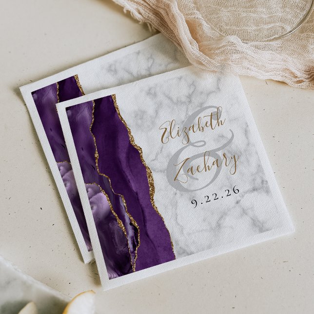 Purple Agate Marble Gold Script Wedding Napkin (Creator Uploaded)