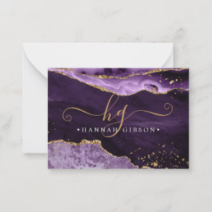 Purple Agate Monogram Fancy Script Gold Glitter Card