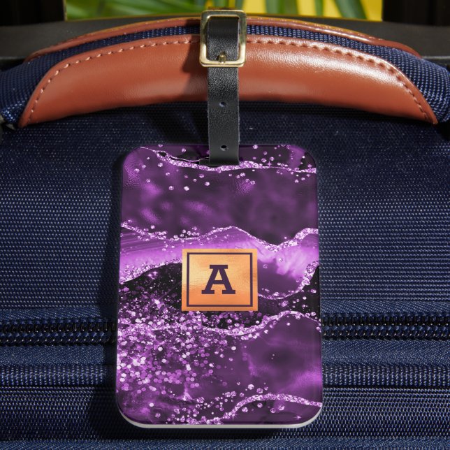 Purple agate pink marble name gold luggage tag (Front Insitu 2)
